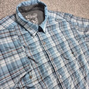 KUHL Eluxur Shirt Mens XL Blue Plaid Metal Buttons Outdoor Hiking Short Sleeve